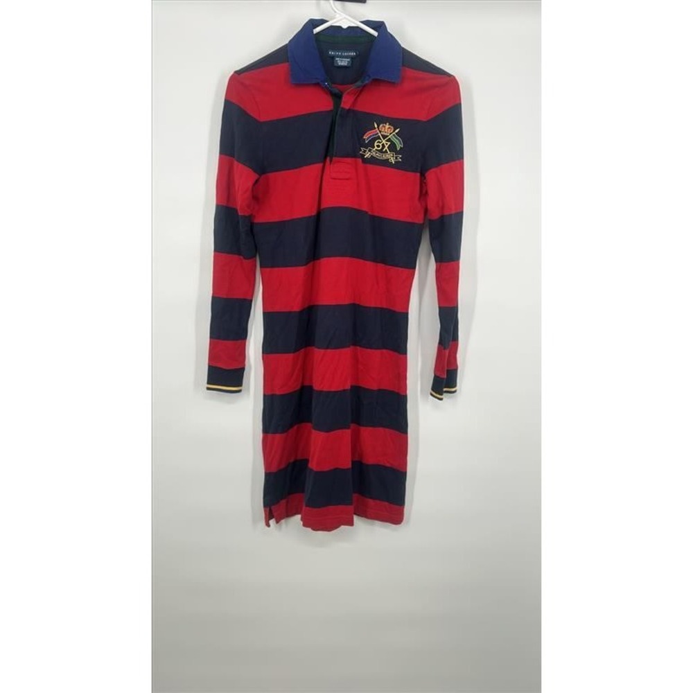 Ralph Lauren Womens Rugby Shirt Dress Red Navy Striped Long Sleeve Crest Small